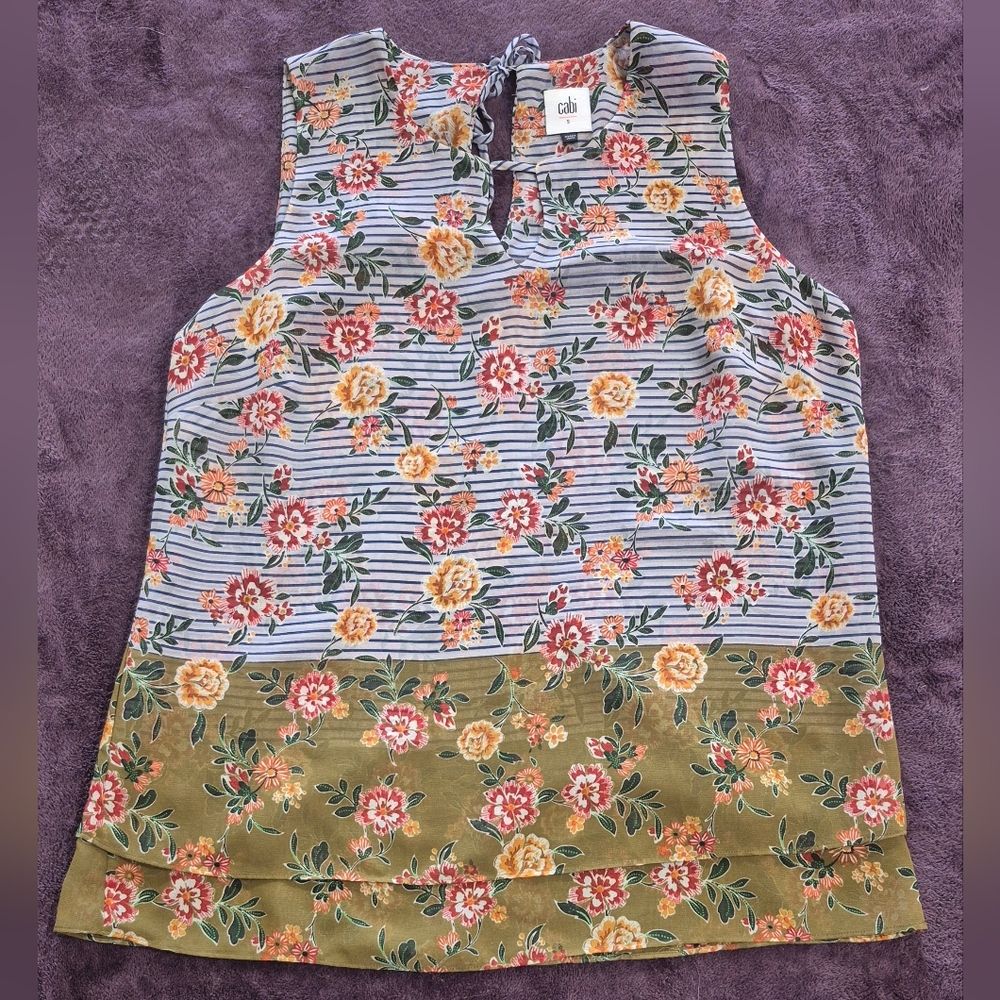 Cabi 5354 Penelope Top Size S Stripe Floral Print Keyhole Sleeveless Blouse Boho